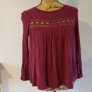 Cotton:On Long Sleeve Blouse Maroon Red Women's XS Cutouts Keyhole Flowy EUC
